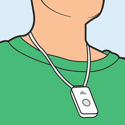 a person with a green shirt wears an on-the-go medical alert systems as a necklace best medical alert systems