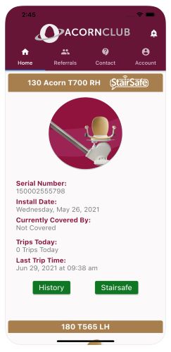 The Acorn Club StairSafe feature lets you track warranty coverage and stair lift usage.