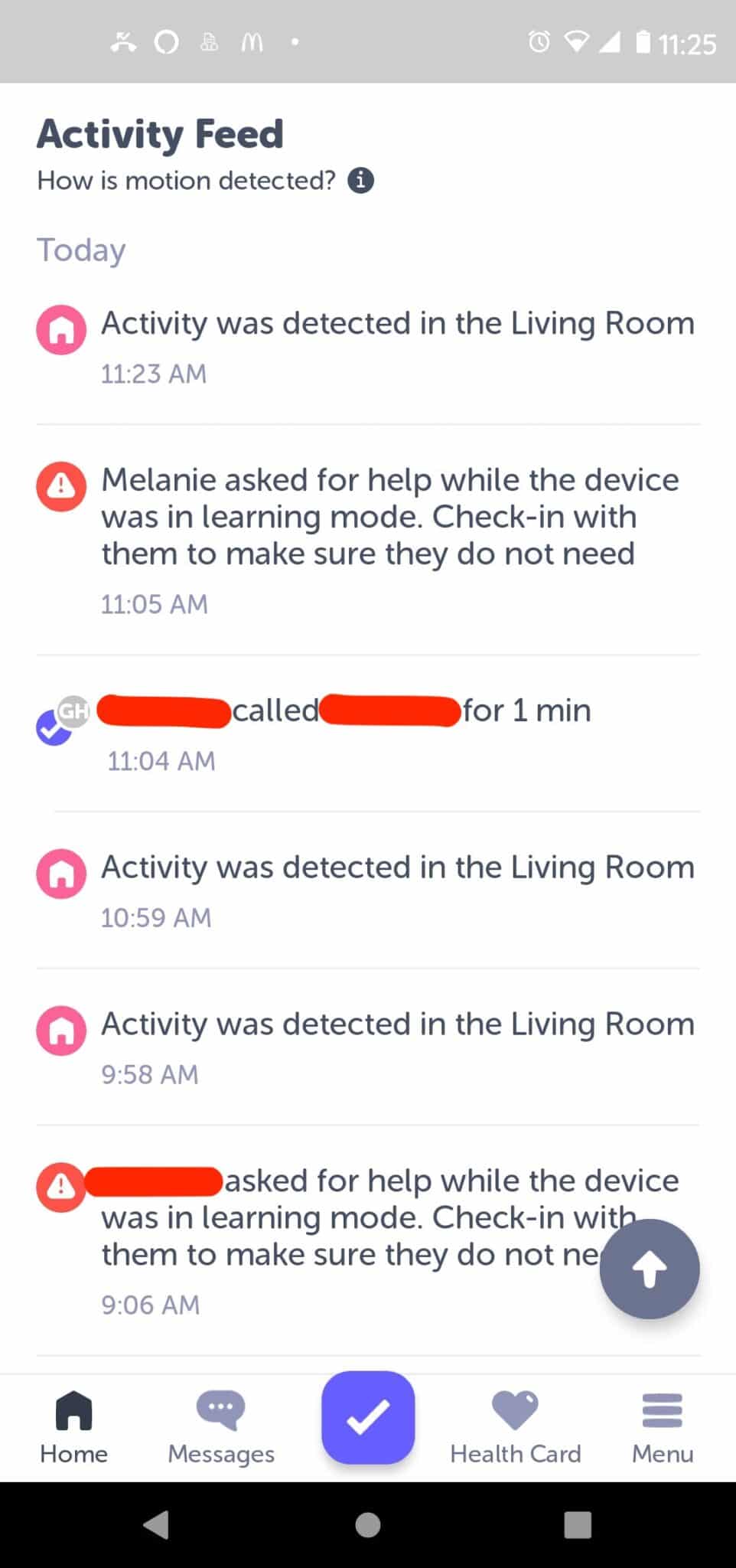 Activity feed displaying user movement and calls in the Aloe Care Health app.