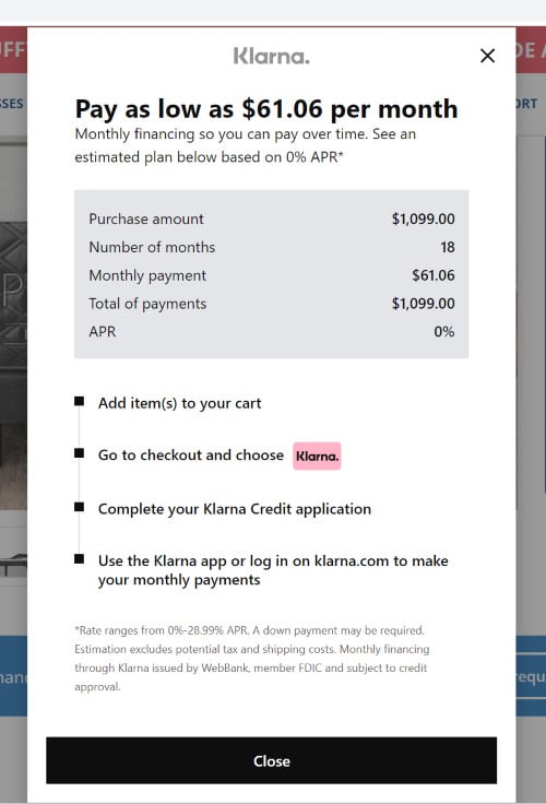 A screen showing an example of Klarna payment terms when purchasing a queen size Puffy Adjustable Bed