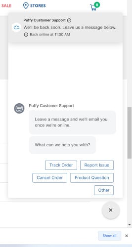 A Puffy customer support online chat box outside of normal operating hours shows when customer support will be back online.
