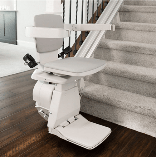 Brunoâ€™s straight stair lift, the Elan, parked on a staircase