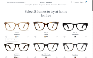 A selection of six pairs of Warby Parker reading glasses in two rows.
