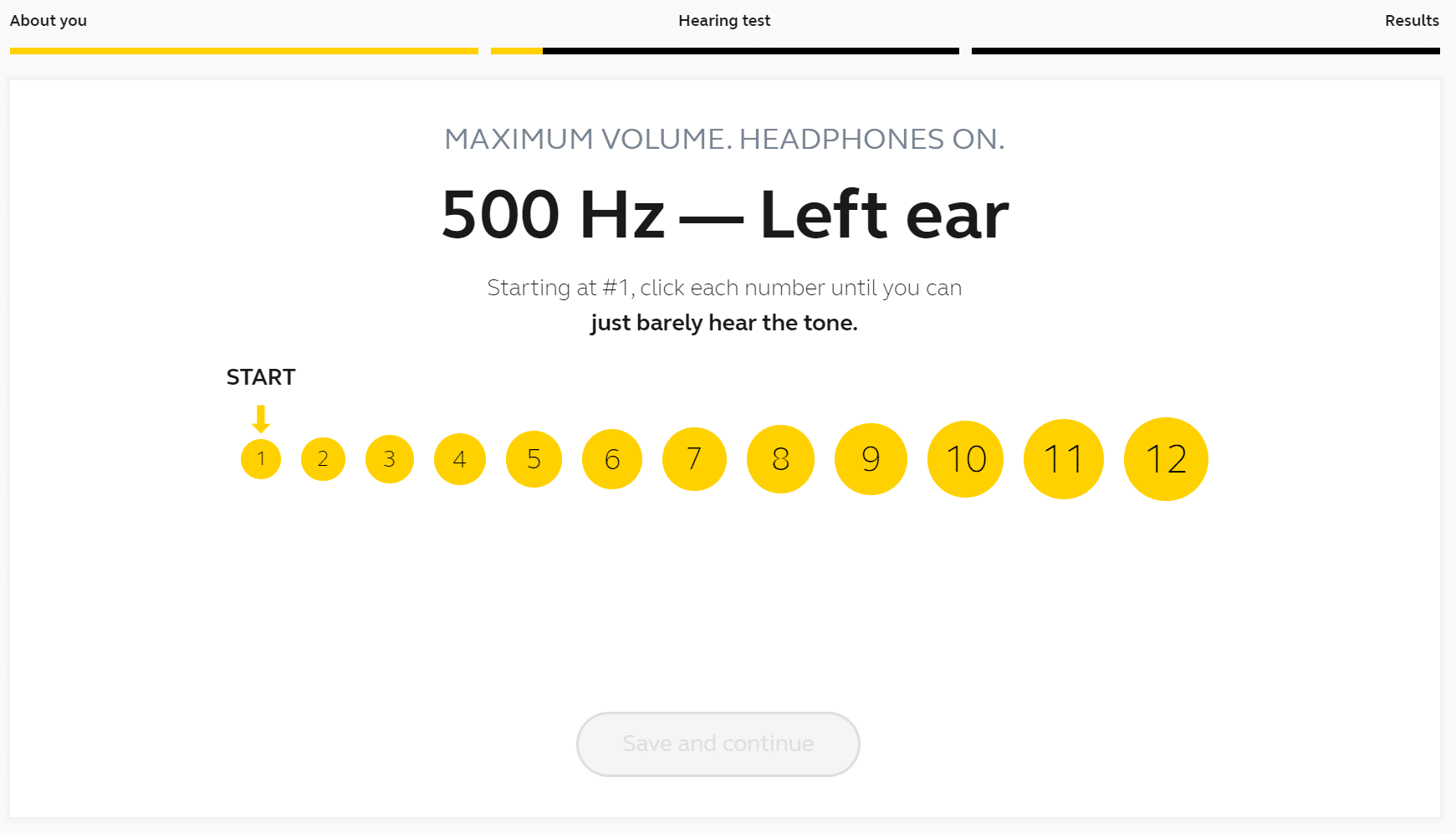 A screenshot of the Jabra Enhance hearing test, which challenges your hearing at different frequency levels in different ears