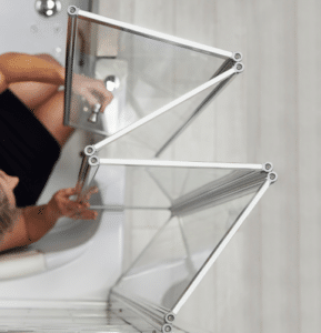 Ella walk in tub and shower screen enclosure shown folding up like an accordion when not in use