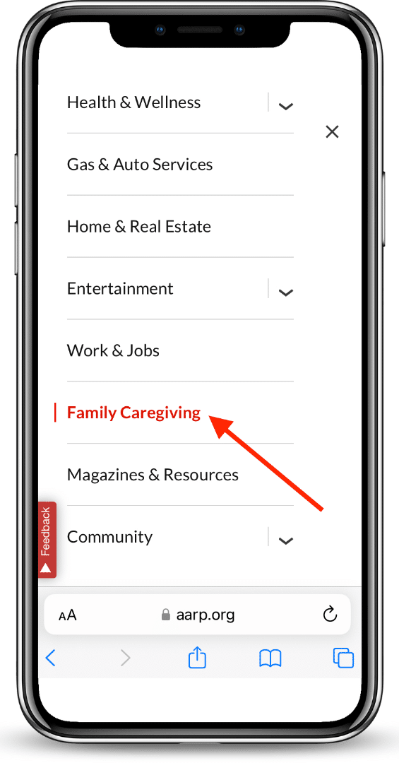 Red arrow pointing to “Family Caregiving” category on the AARP Membership & Benefits website page on mobile phone