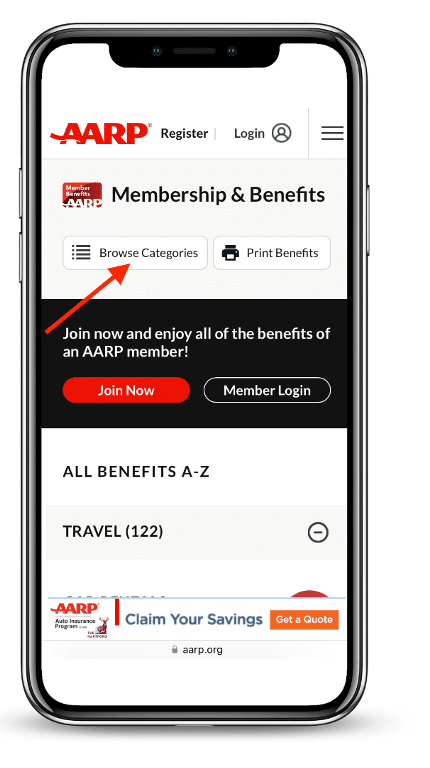 Red arrow pointing to “Browse Categories” button on AARP website on a mobile phone