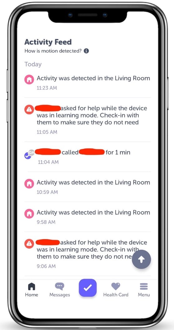 A screenshot of the Activity Feed when our Reviews Team tested Aloe Care Health.