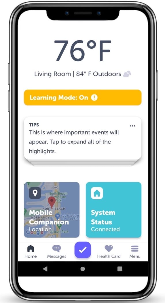 The Aloe Care Health home screen displaying the indoor and outdoor temperature, mobile system location, and system status connection.