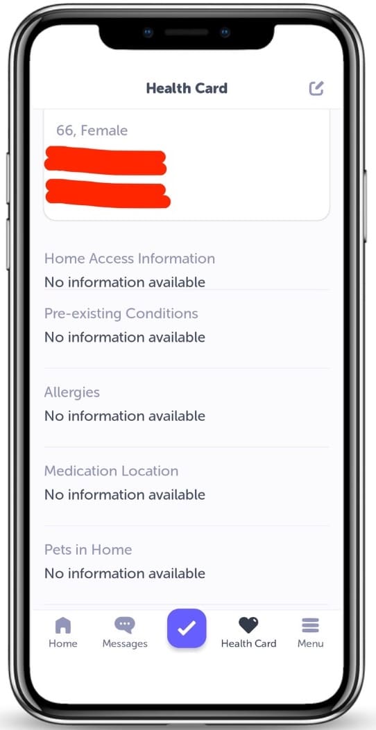 A screenshot of the Health Card in the Aloe Care app showing the user’s pre-existing conditions, allergies, and more. 