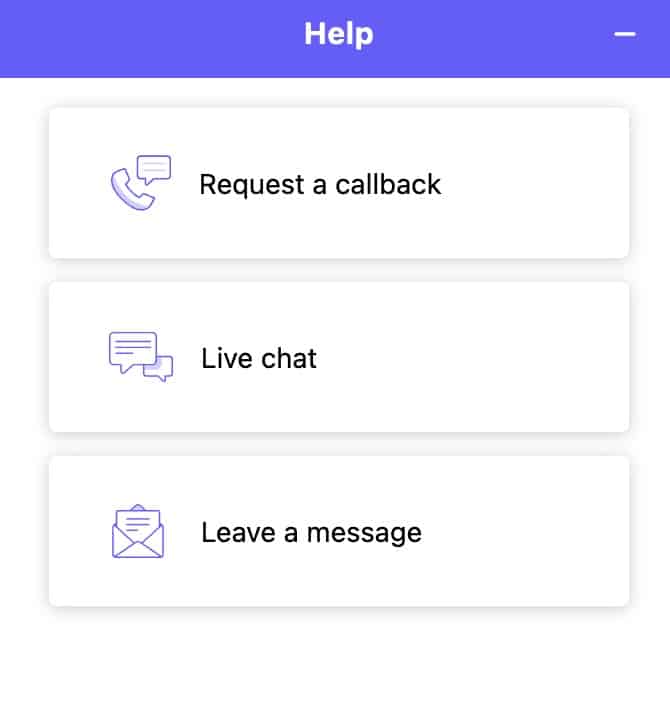 Aloe Care Online chat option buttons displaying three options: “Request a callback, Live Chat, Leave a message.”