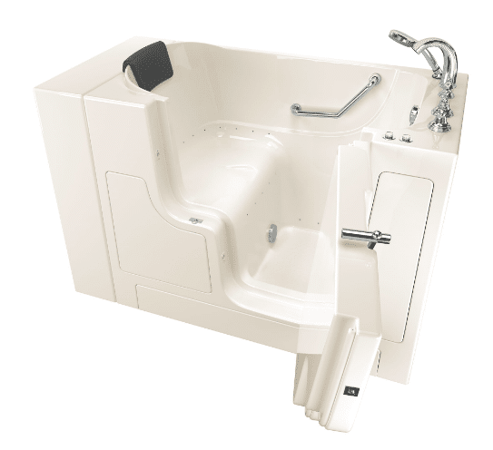 American Standard Gelcoat Premium Series walk-in tub with a partial seat transfer, which shows an outward-swinging door with a larger passage into the seat.