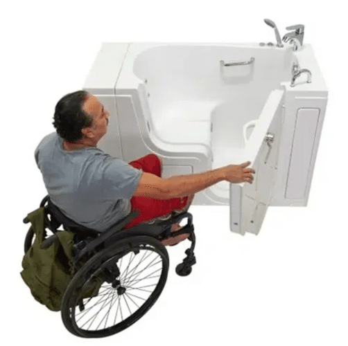 Man in wheelchair enters Ella’s Bubbles wheelchair accessible tub