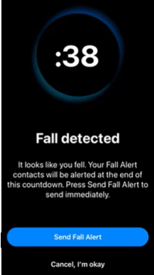 Starkey fall detection iPhone notification with message stating it detected a fall