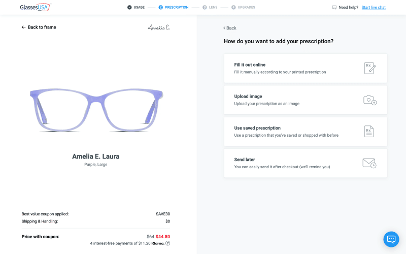 A GlassesUSA page showing the options for providing your prescription.
