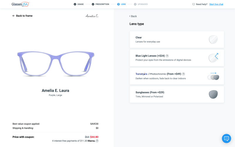 A screen showing a user selecting GlassesUSA lens customization options.