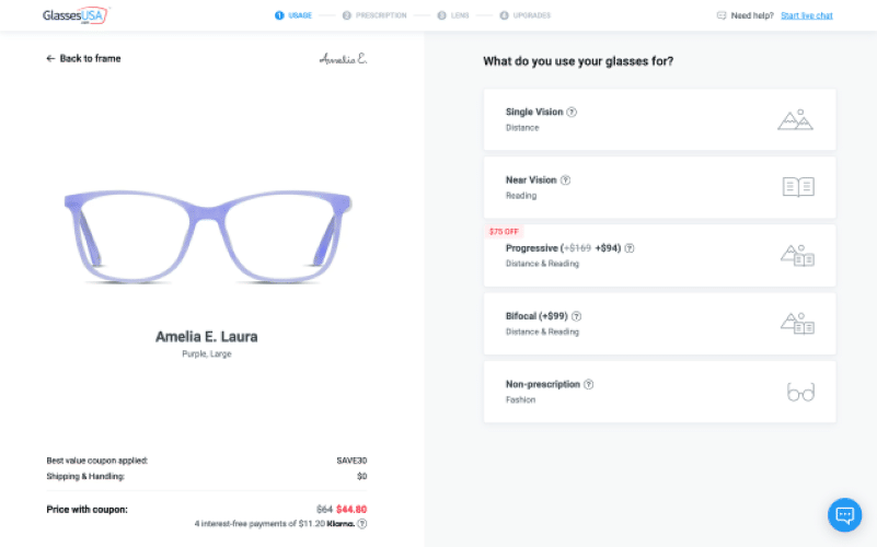 A GlassesUSA page asking what you plan on using your glasses for.