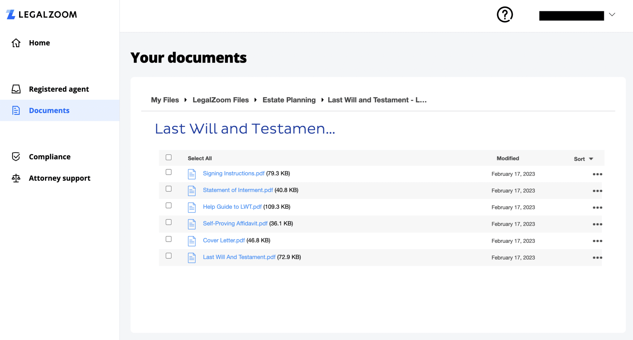Screenshot of LegalZoom Dashboard