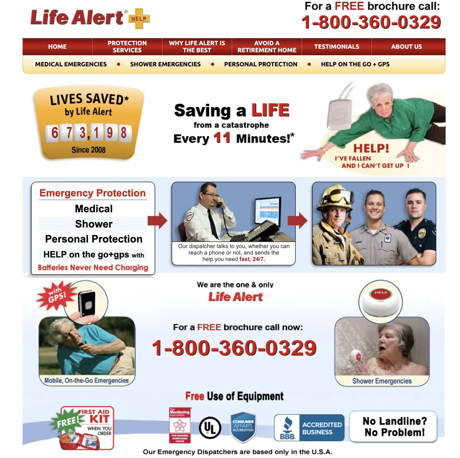 Life Alert homepage with the claim “Saving a life from a catastrophe every 11 minutes” surrounded by images of emergency responders and older adults using Life Alert systems.