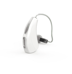 White Starkey Evolv AI RIC hearing aid on display