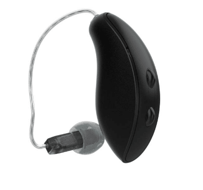Black Starkey Genesis AI receiver-in-canal hearing aid on display