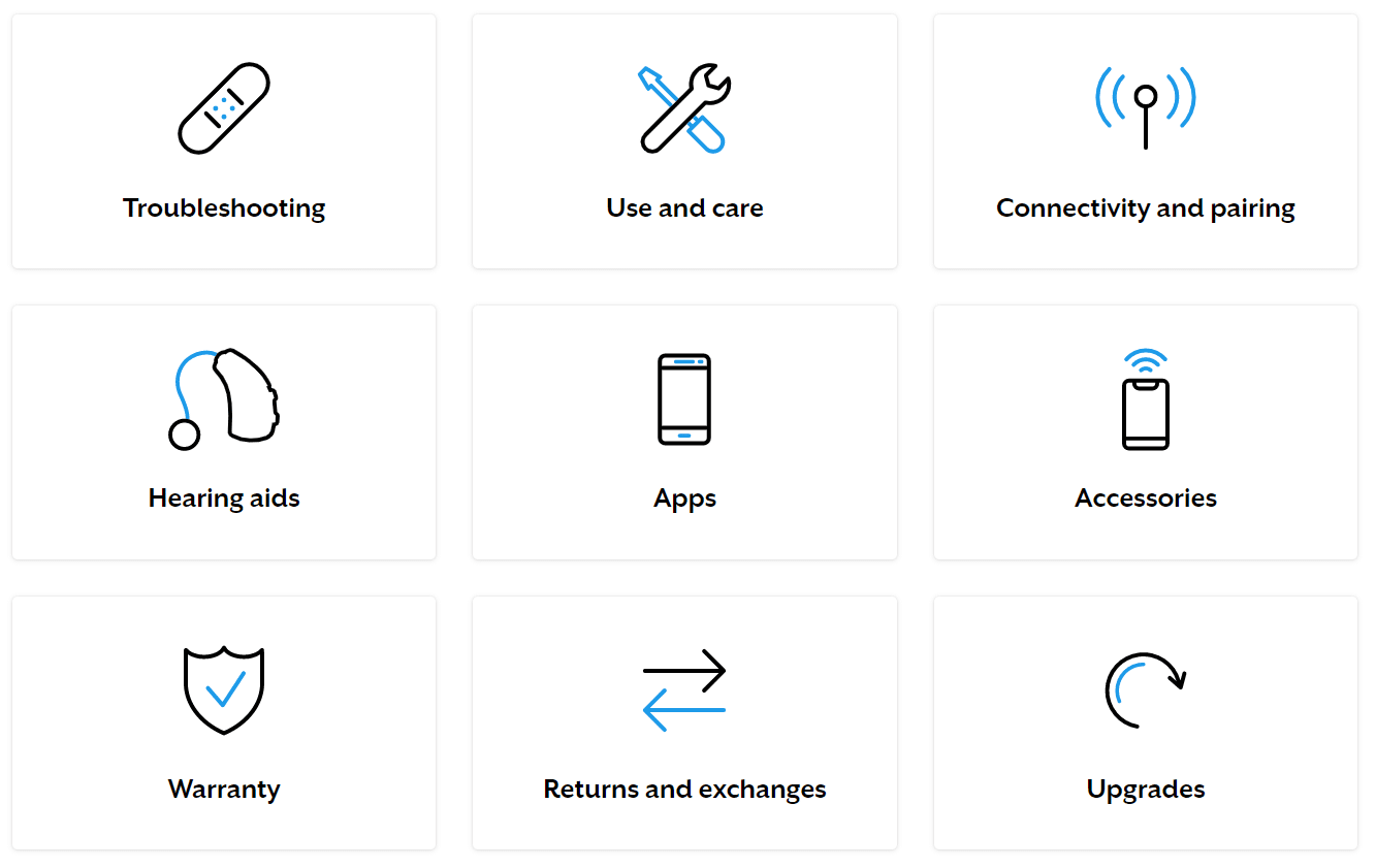 Multiple icons for support topics on the Starkey online support page