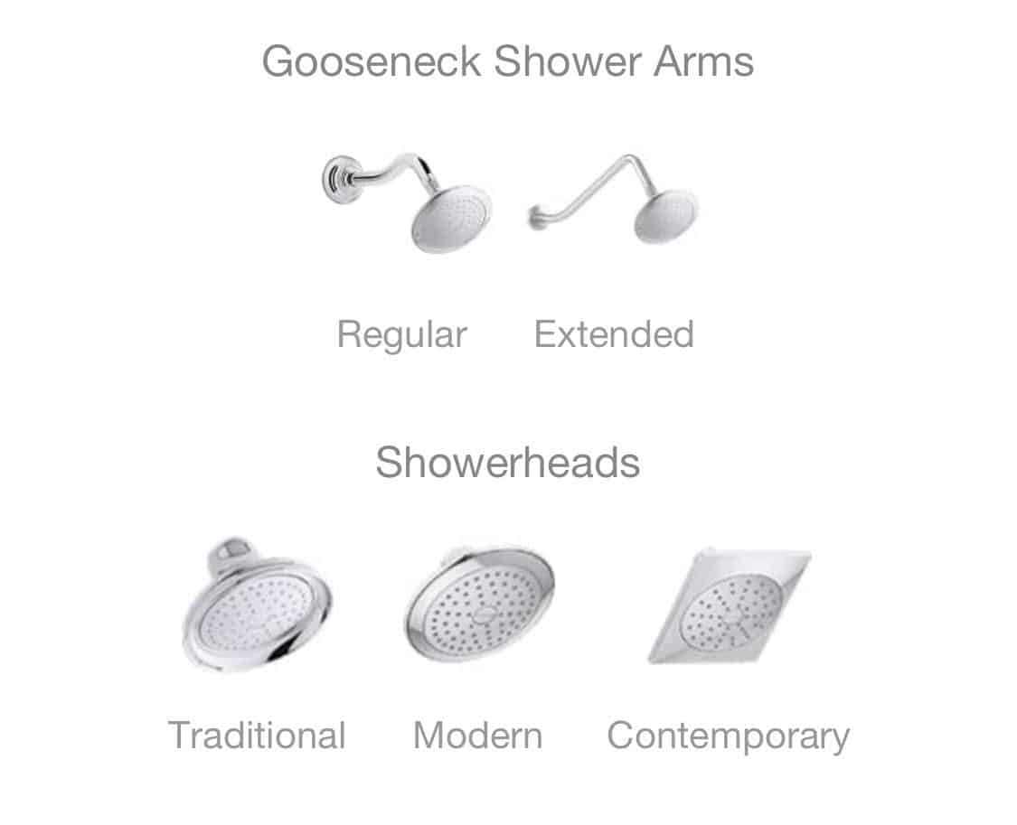 Gooseneck shower arms and three styles of showerheads for Kohler walk in tub with shower