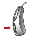 Starkey RIC hearing aid illustration with arrow pointing to adjustment buttons