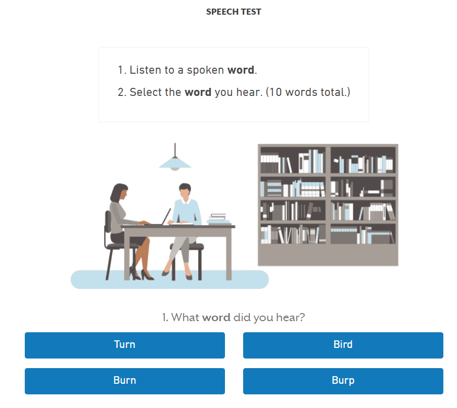 The Starkey online hearing test with instructions and multiple choice selection