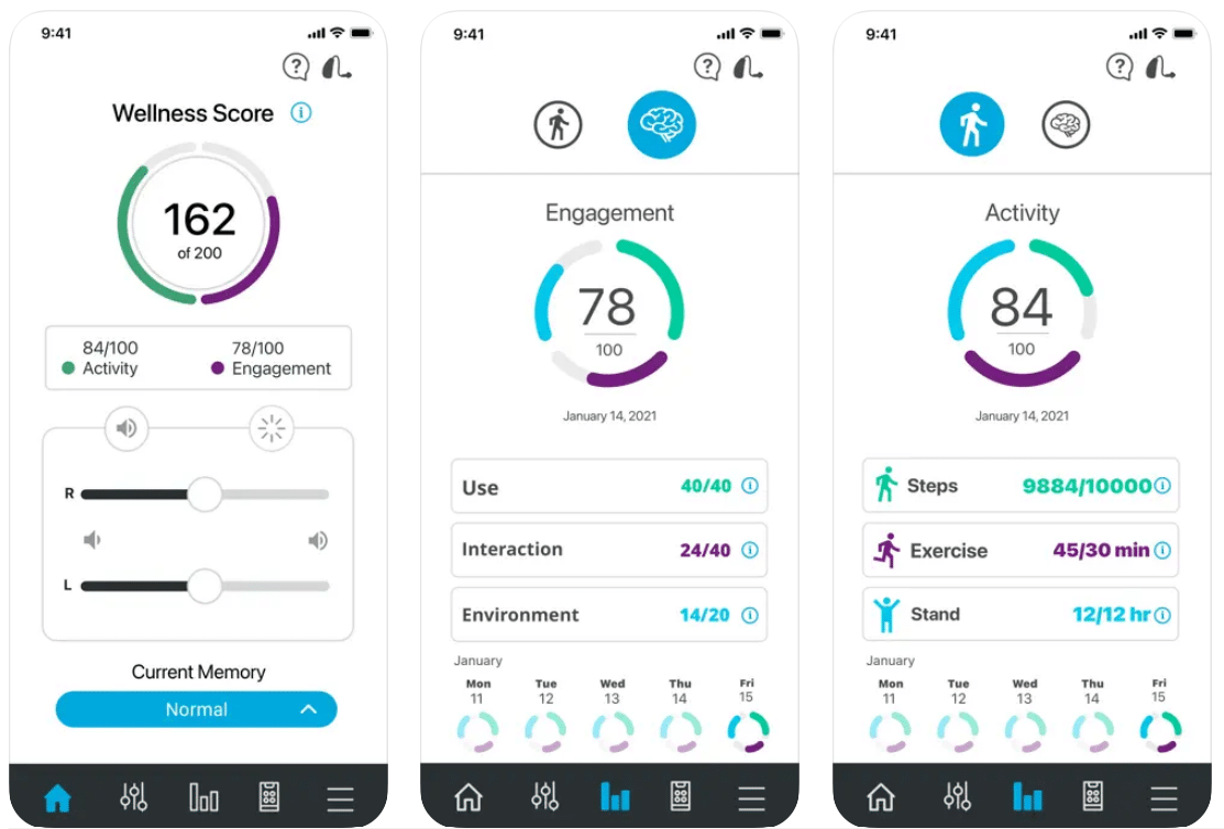 Four Starkey Thrive app screenshots depicting health tracking and a feature to find hearing aids