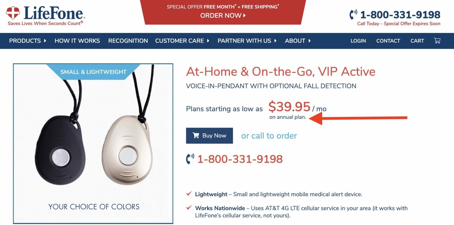 Online product page for LifeFone VIP Active with red arrow pointing to annual plan price