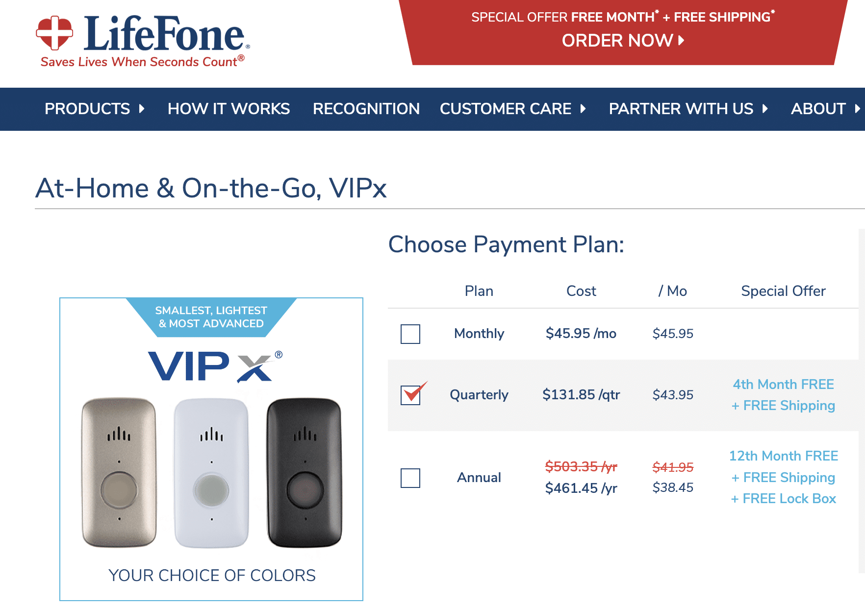 LifeFone VIPx checkout page with monthly, quarterly, and annual payment plans