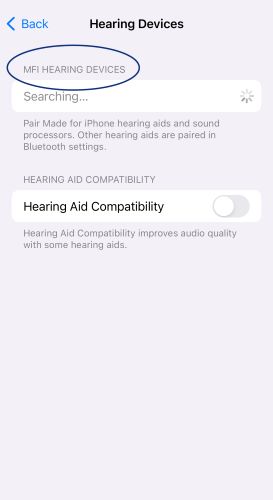 Screenshot of iPhone Settings Hearing Devices page