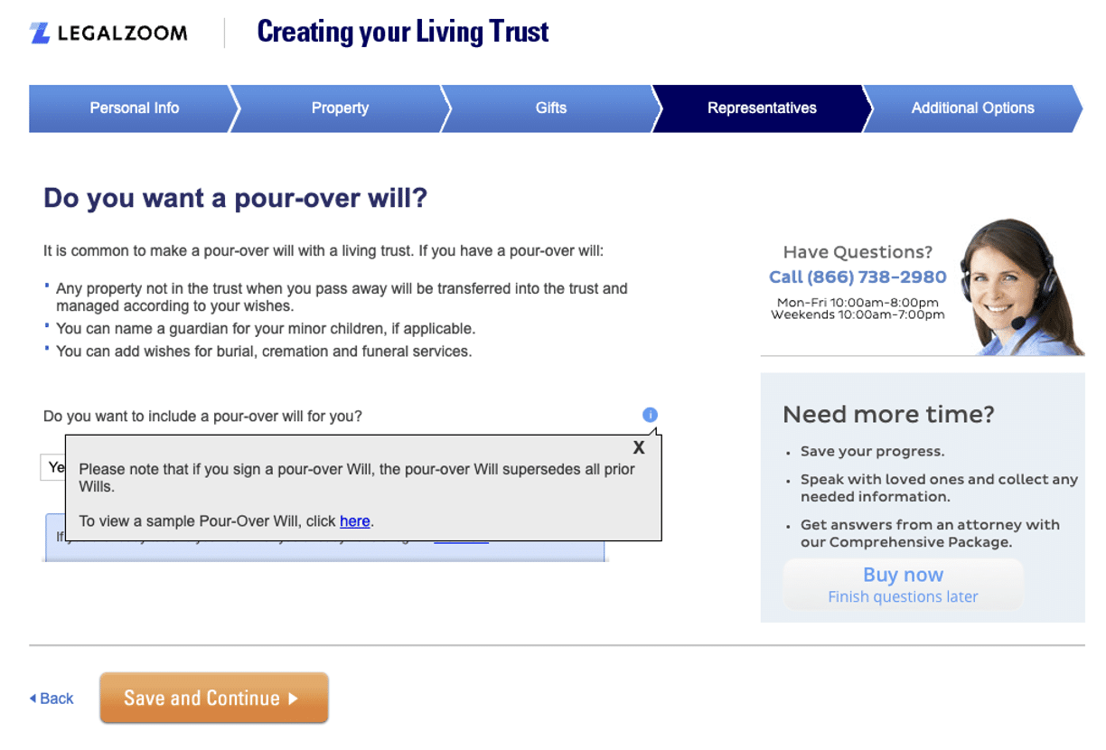 Screen capture of pop-up icons containing a link to a sample document while completing the LegalZoom living trust questionnaire