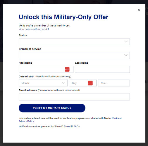 Pop-up verification form to unlock a military discount on the Nectar website