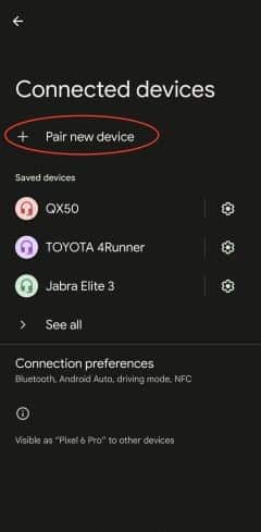 Screenshot of Android Connected devices settings page with Pair new device circled