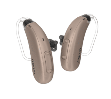 Signia Motion BTE hearing aids in sandy brown color