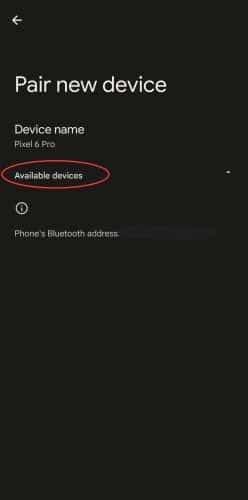 Screenshot of Android Pair new device settings page with Available devices circled