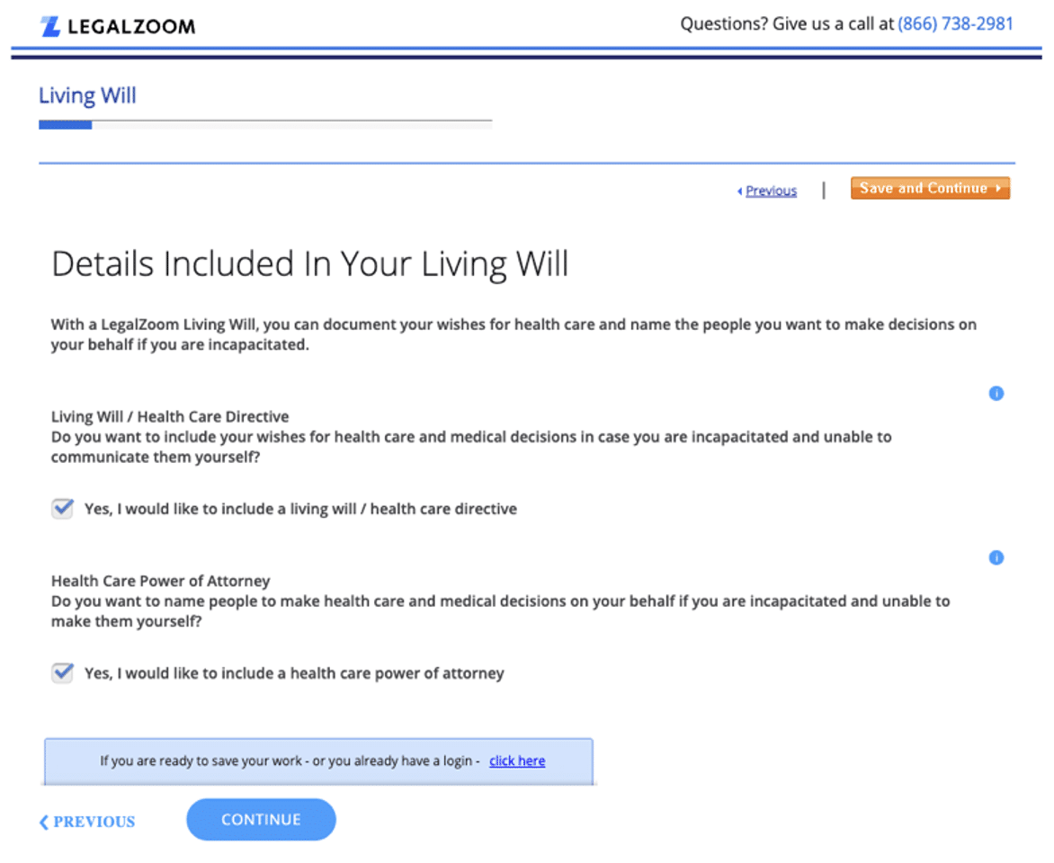 Screen capture of the living will questionnaire asking the user about which documents they want to include in their purchase