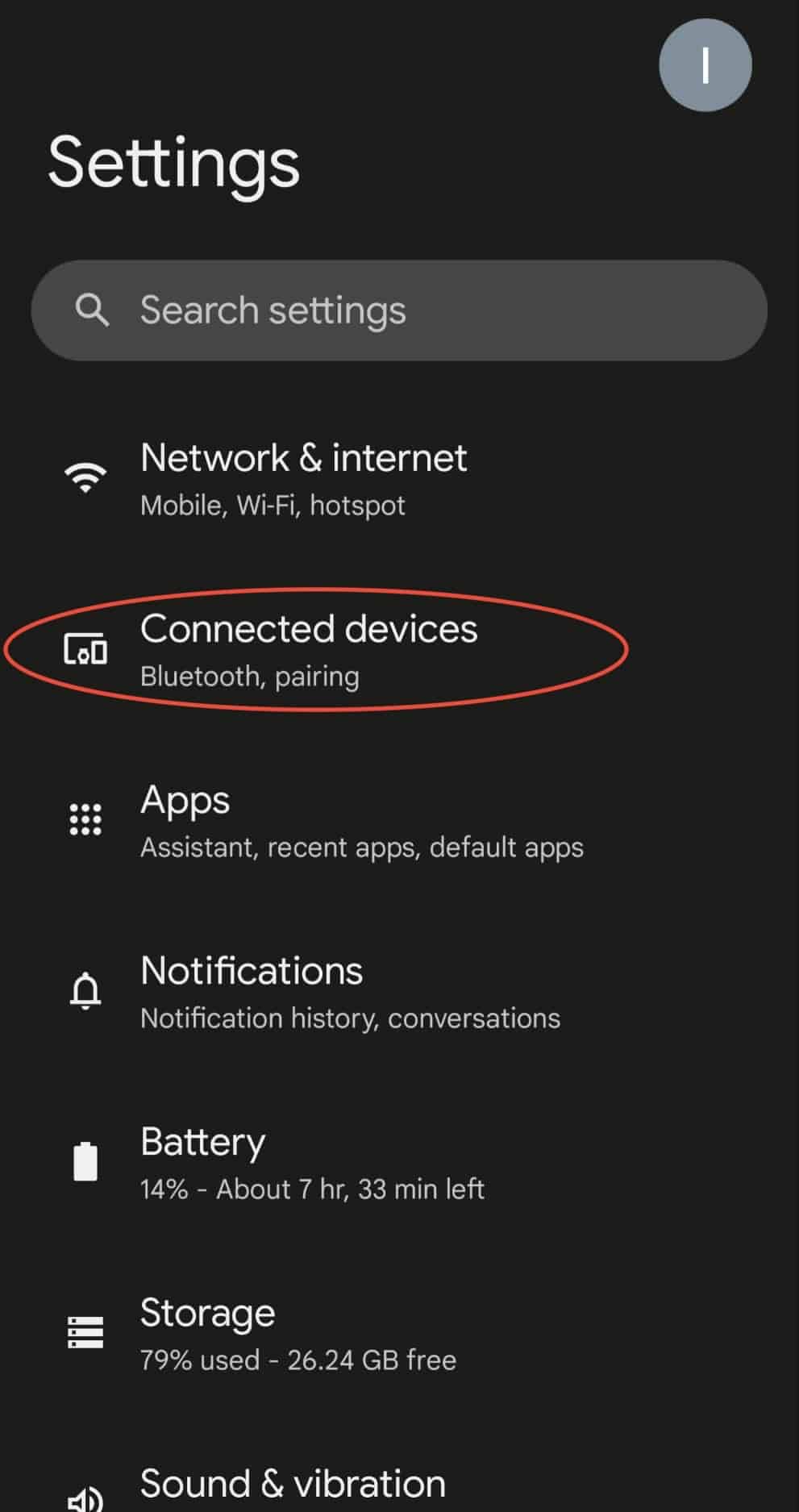 Screenshot of Android settings page with Connected devices circled