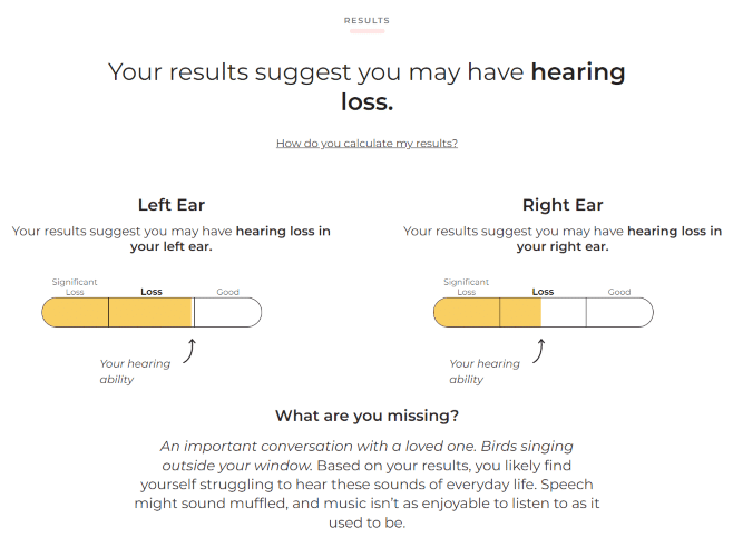 Signia online hearing test results show two yellow bar graphs that indicate the level of hearing loss in each ear