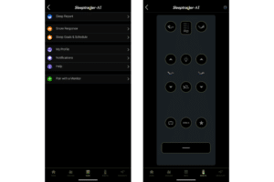 Tempur-Pedic Sleeptracker-AI mobile app screenshots showing features menu and adjustable bed remote