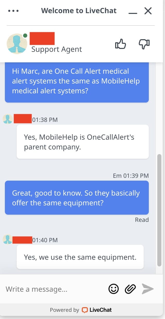 A One Call Alert LiveChat conversation between Our Reviews Team and a customer support representative. 