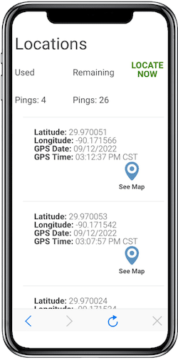 A mobile device’s location log listed as latitude and longitude coordinates in the MobileHelp Connect app