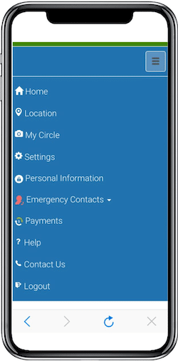 Vertical navigational menu of the MobileHelp Connect app