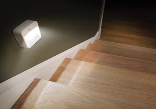 A motion detection light illuminates a stairwell