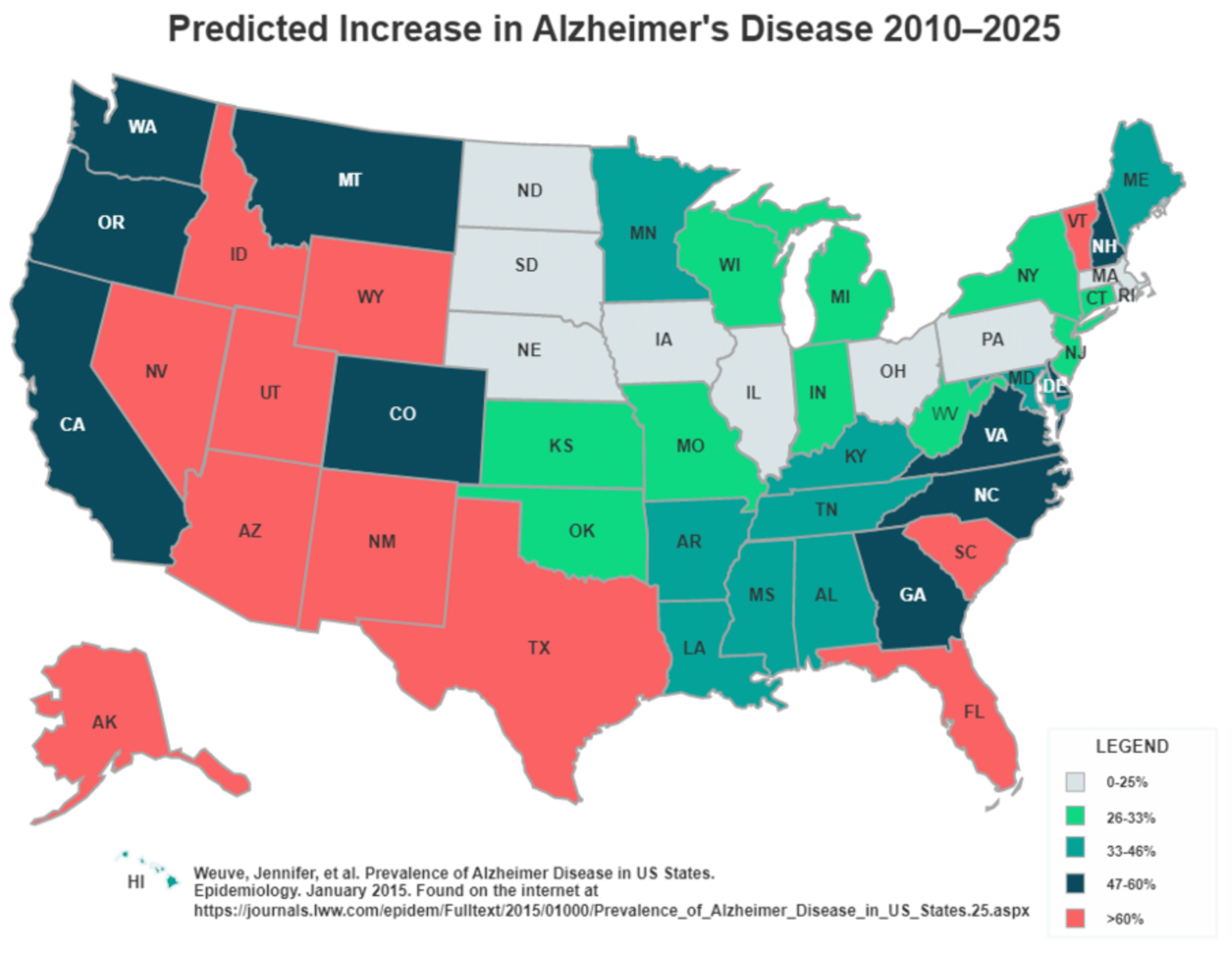 U.S. map showing predicted increase in rates of Alzheimer's disease