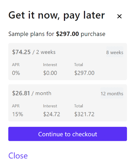 Snapshot of Shop Pay sample plans