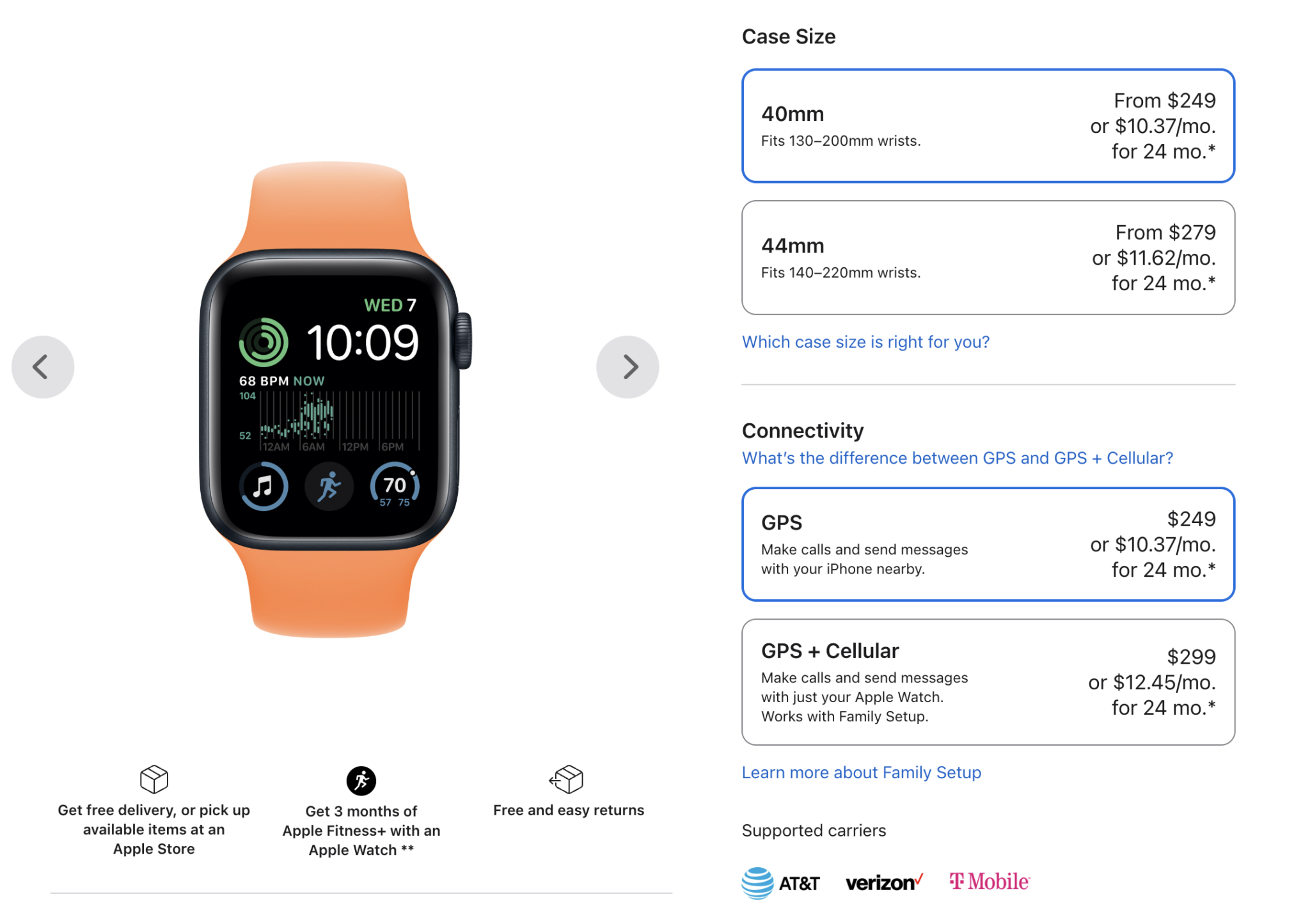 Case size and connectivity options for an Apple Watch SE during the online shopping process