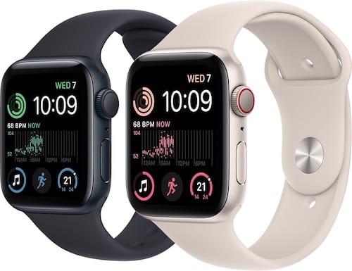Apple Watch SE with black wristband and Apple Watch SE with white wristband